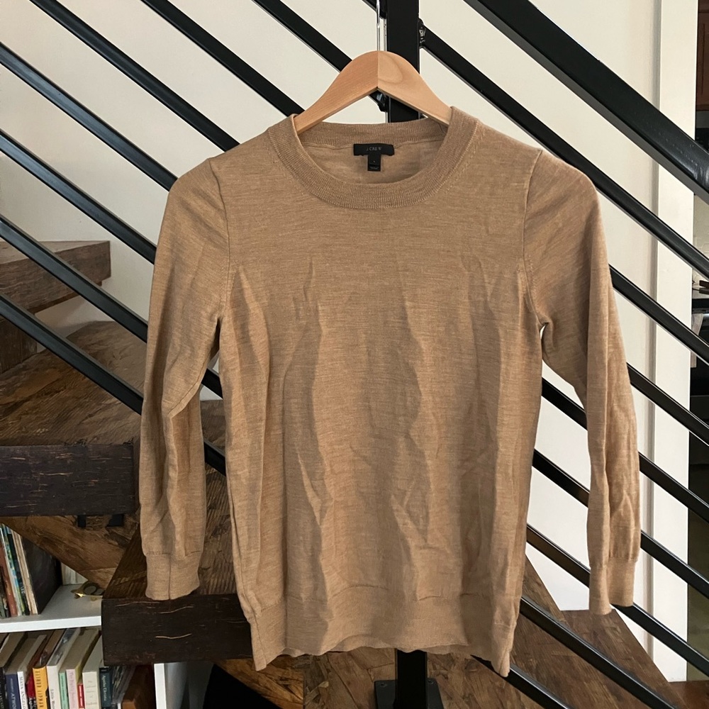 J. CREW 100% MERINO WOOL WOMEN’S CREWNECK SWEATER | LONG SLEEVE LARGE CAMEL TAN